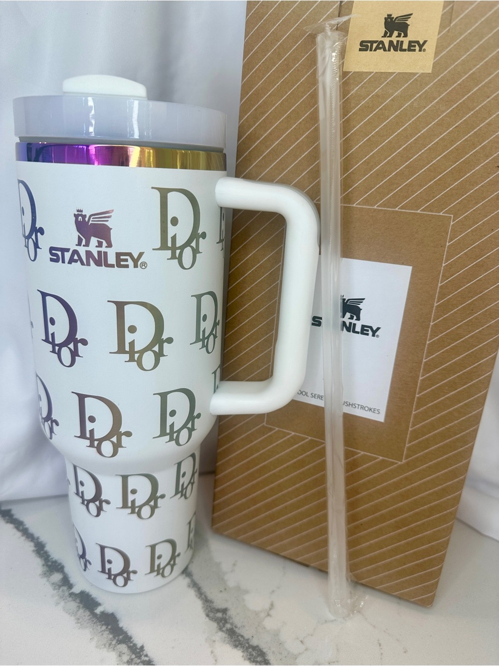 Dior Style White Monogram 40oz Stanley Rainbow Oil Slick w/Box READ DESCRIPTION